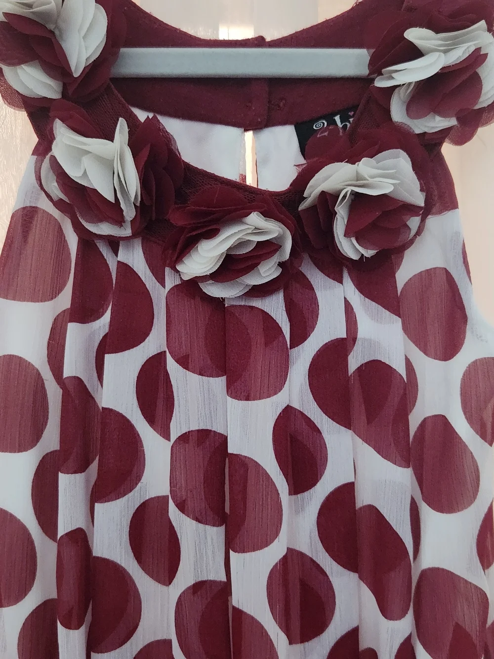 2-Hip Girls' Maroon Polka Dot Sleeveless Dress with Floral Neckline, Sz-8, GUC